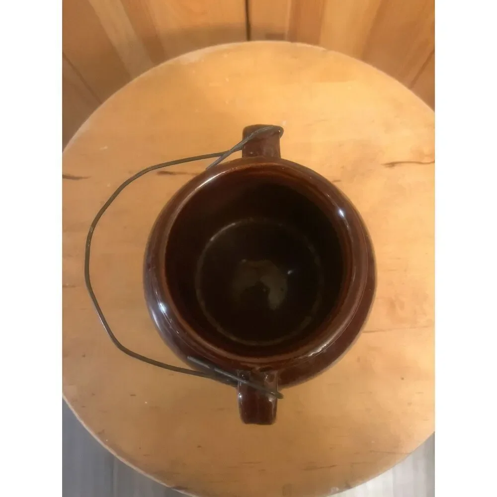Vintage Bean Pot Ceramic Stoneware Crock Brown Cream Double Loop Handle (7543)